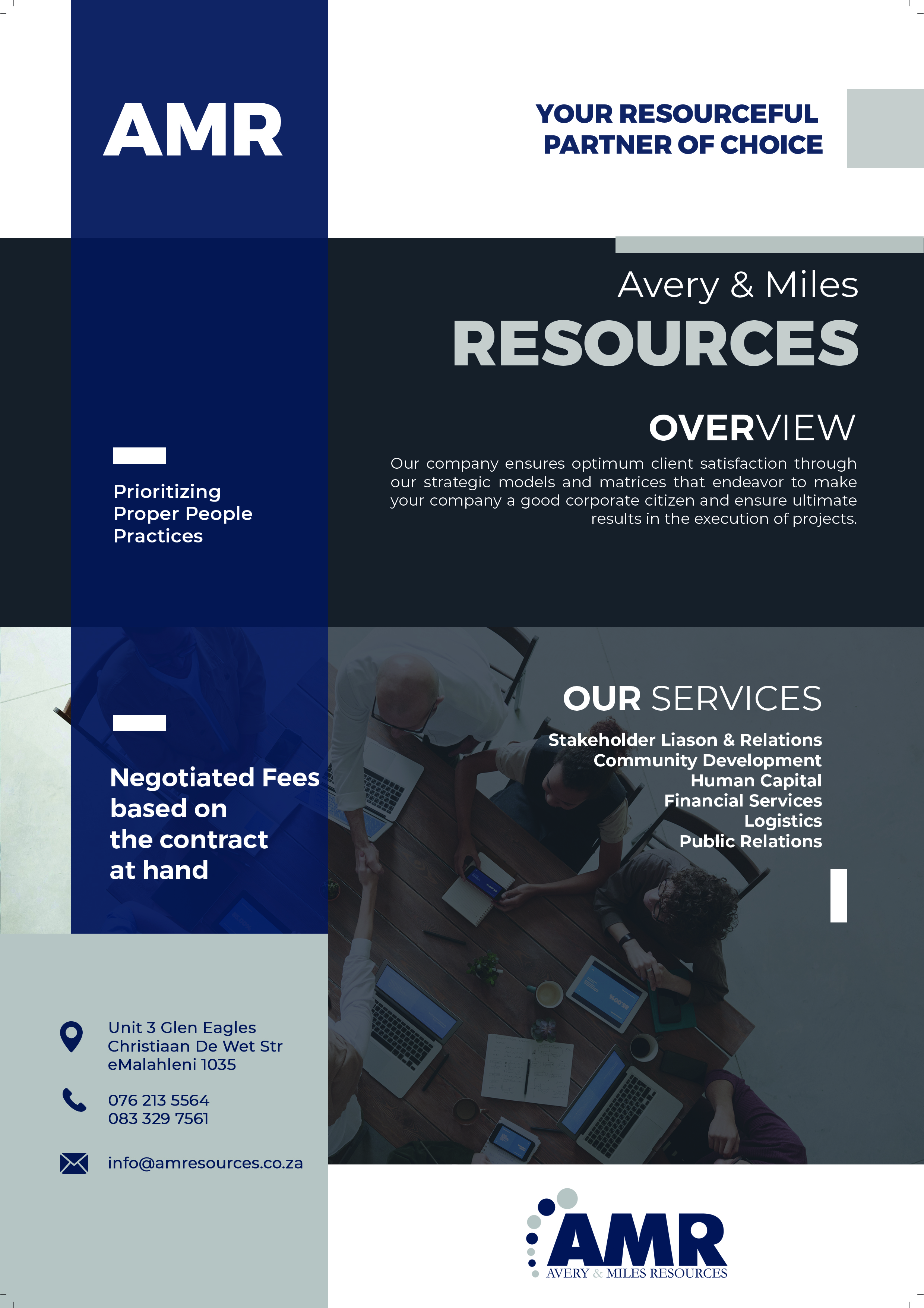 A corporate-style graphic with text and a monochrome image of people working at a desk.